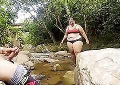 Unknown woman gives me a handjob in a river, fills her breasts with milk