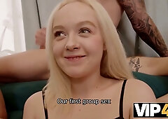 Russian wife takes on four men in her first group sex scene