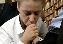 A blonde opens up her mouth in the library and she gets fucked