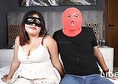 Cuckold blindfolds his wife and makes her suck 2 strangers' schlongs.