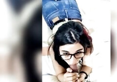 Sexually excited bitch with red locks, seeks to fit the member of a well-endowed guy in her throat, whilst admiring sucks and jerks off the large ween