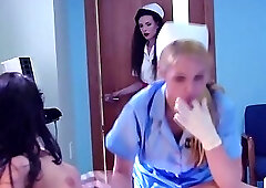 Two horny nurses give patient oral exam