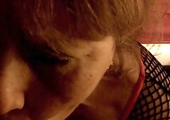 Lovely, older sexpot Carmen wears a fishnet body stocking and fishnet nylons and sucks Byg Myk's dong, that guy discharges his load into her thro