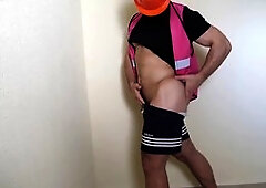 Straight worker in uniform jerks off on a staircase for some extra cash