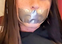 GlitterGiiiirl’s Mouth Sealed with Duct Tape, Caressing Chastity Cage Under Sheer Pantyhose