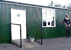 Crossdressing tgirl Gina taking a urinate and masturbating outdoors in public at village hall