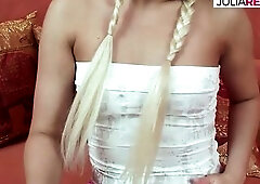 Hot blond gets finger drilled then a massive dong strokes her bald vagina