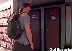 Naughty brunette gay jerking and sucking rigid white schlong