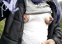 nippleringlver flashing pierced breasts stretched teat piercings outdoors in public forest