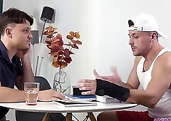 It's hard jerking off with a broken wrist. Friend gives a helping hand!