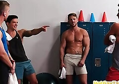 Inked gym stud barebacks hunky bottom on bench press