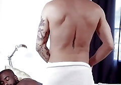 Black hottie gets cream on his back after a deep dicking