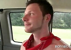 Good looking brunette guy talked into having gay sex in the boys bus