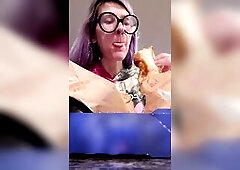 See as this 6’7 tall giantess amazon dominatrix eats and burps her way throughout her late night munchies!
