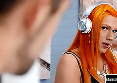 Busty shemale Aspen Brooks barebacks a guy and fucks a milf