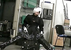 Shemale in a 2B cosplay strokes her big hard cock