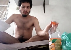 Licking lunch pastrie and orange, mukbang red-hot guy