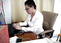 Woman secretary gets banged with a sex toy.  in the office Part 1