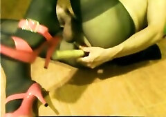 Anal tranny sissy doxy stuffs very lengthy sex-toy in her booty in panyhose