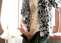 Edging Myself at the Window - Noisy Yelling Climax with Large Cum shot