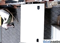 Slim Redhead Bent Over the Security Desk After Getting Busted Shoplifting