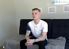 Sleek college jock strips and masturbates at casting
