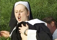 Blonde nun in woods takes cock deep in mouth and rides hard on open grass