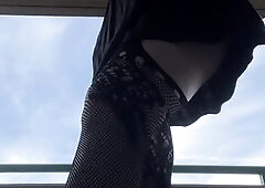 Gal tries to hold her pee in hot underware fishnets high heels omorashi peeing upskirt