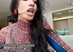 slender Transgender hottie cosplays as Spider-Man