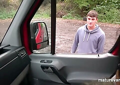 Mature MILFs pick up a young man and ride him in the backseat