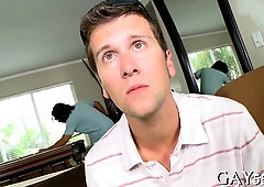 Watch as a hot dude gets his monster cock stuffed with hot loads