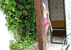 Blonde shemale cutie enjoys her mouth being filled with cum