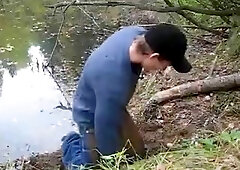 Mudding blue baggy panties in the forest, cumming and pissing