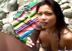 Asian babe with perky nipples is getting banged in the nature and enjoying every second of it