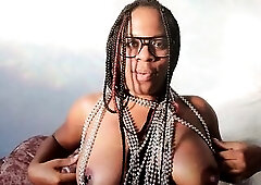 Nerdy Angel spanks her own bouncy titties