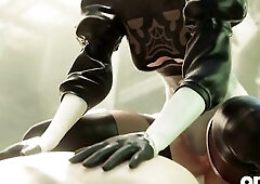 See 2B from Nier: Automata give a sexy sloppy oral job to a large dong previous to getting her large butt drilled hard in cowgirl position in this hig