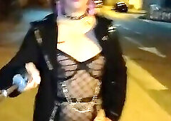 Taniax walks around the city in sexy black lingerie,showing her tiny cock in flat chastity cage
