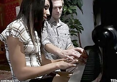 Piano teacher Johnny is tempted by tranny student Sweetheart Foxxx then gets nipps tormented then anal drilled by her large schlong on the sofa