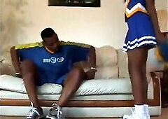Ebony nice-looking cheerleader with merry breasts rides a large ebony jock