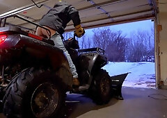 Shoving snow with YAM-SIZED FUCK HOLE in trousers uncovering butt to neighbors