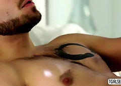 Shemale Natalie Mars pleasures a hunk dudes bigcock