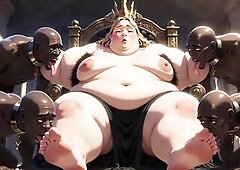 A biggest plump SSBBW Queen lies on her th.rone during the time that several devoted slaves lick each inch of her heavy body. They worship her biggest