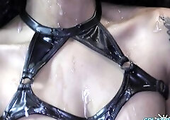 Charming ebony chick Lola Marie enjoys bukkake splattering in cum