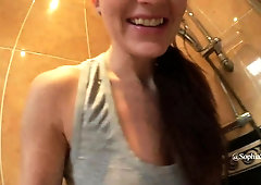 Naughty brunette teen in pantyhose releases her hot juices