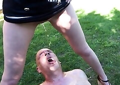 Milf mistress makes fat slave swallow hot piss outside