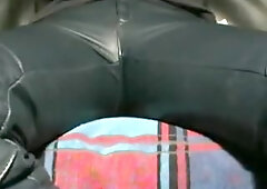 Pissing and cumming in leather motorcycle panties