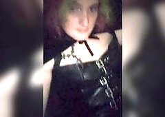 Transgirl teases leather corset