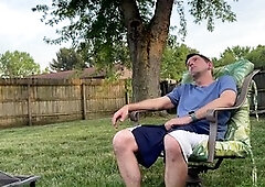 Jeffrey Jaxxon has a solo cum shot by the firepit while neighbors watch