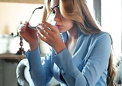 Breasty golden-haired hotty Ryana is cheerful to be home from work, taking off her glasses and unbuttoning her smart shirt. Her constricted petticoat 