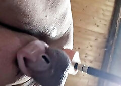 Exposed sissy in the chastity cage has a recent attachment for the screwing machine on it and lets herself be screwed exposed on the machine unfathoma